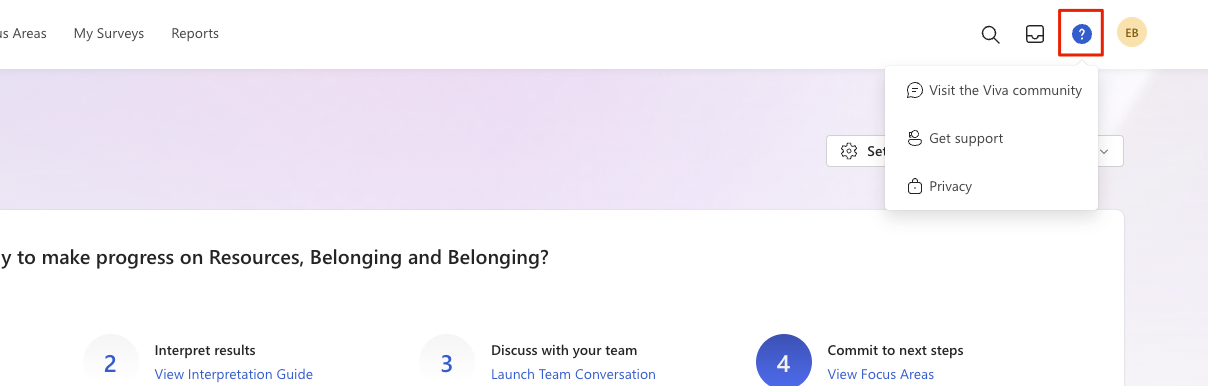 A screenshot of the question mark help button in the Viva Glint app.
