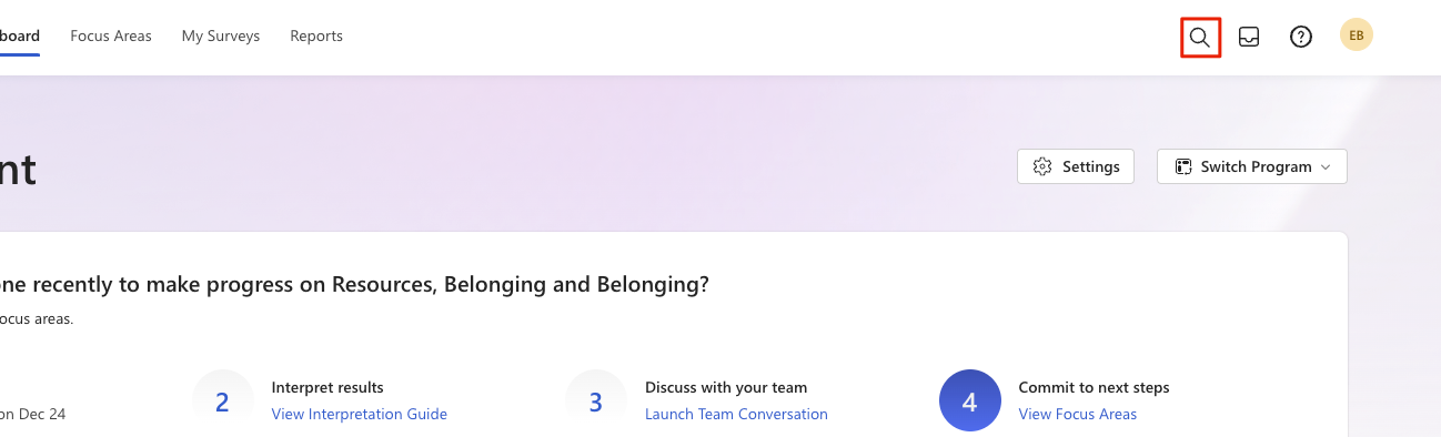 A screenshot of the search button in the Viva Glint app.