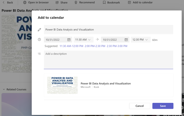 Screenshot of adding a learning content to calendar.