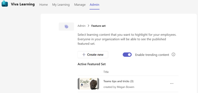 Screenshot of creating a new featured set of learning contents.