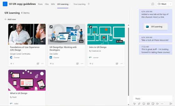 Screenshot of Viva Learning learning tab in a Teams channel.