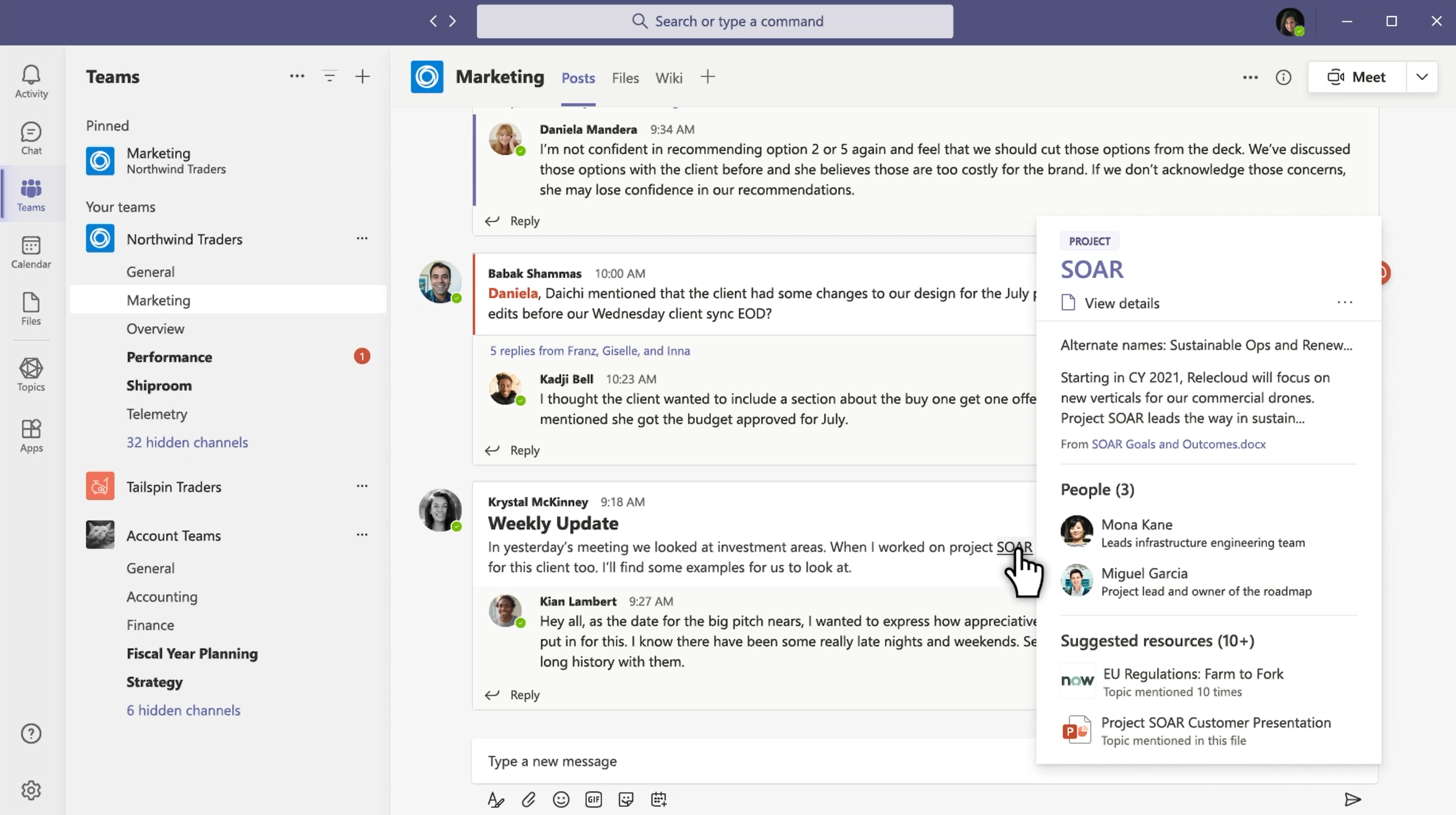 A screenshot of Microsoft Teams that shows how a topic card shows up when highlighting a topic. In this case, the user highlighted a topic called SOAR. The topic card displays key information and links about the topic.