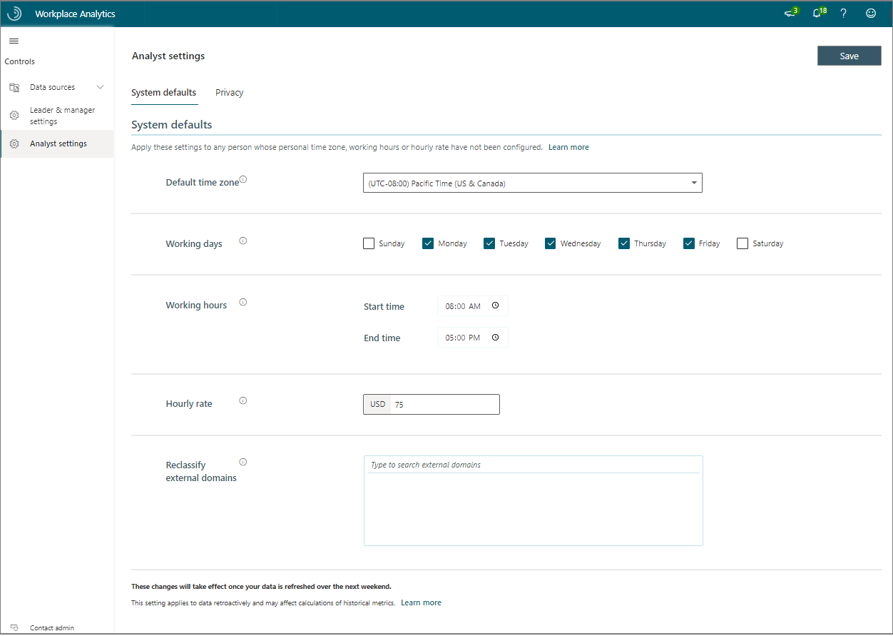 A screenshot of the system defaults for Workplace Analytics.