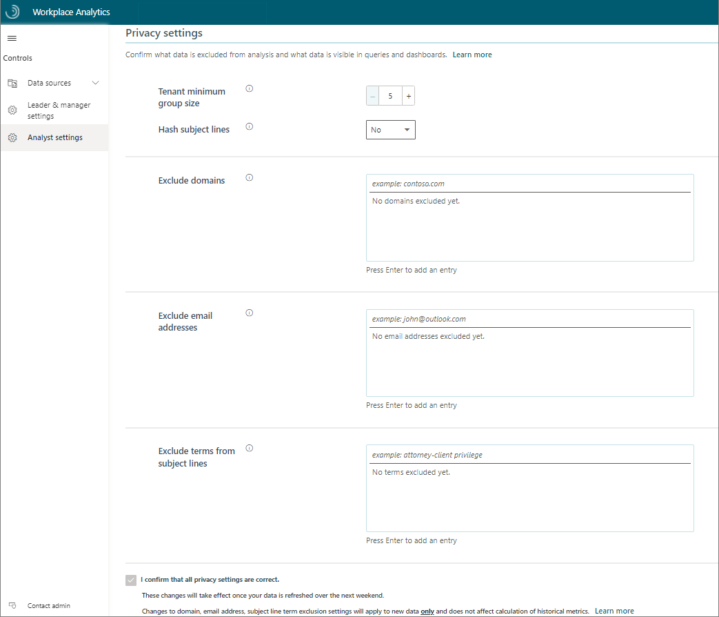 A screenshot of the privacy settings for Workplace Analytics.