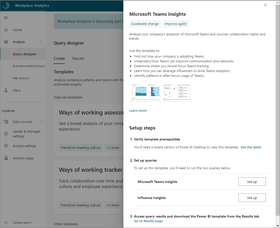 Query designer template for Microsoft Teams insights dashboard.