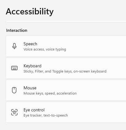 Screenshot of Interaction settings in Windows.