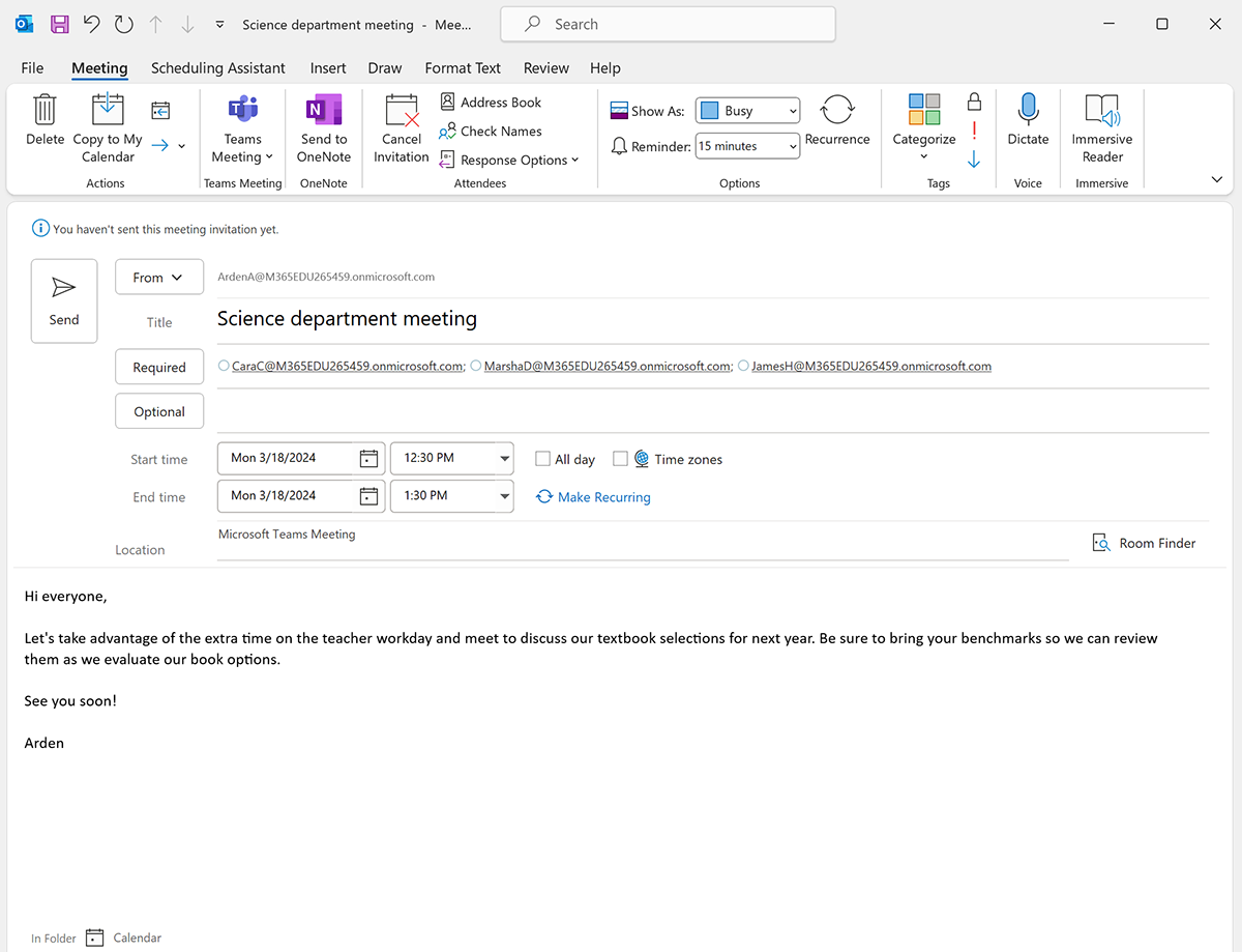 Screenshot of the Teams meeting scheduler in Microsoft Outlook.