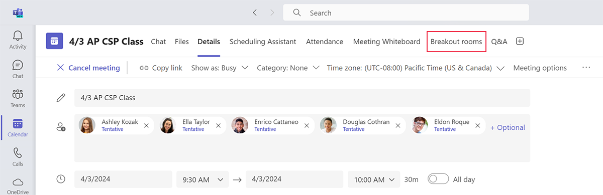 Screenshot showing the breakout rooms button, which is available in the event details once a meeting is scheduled.