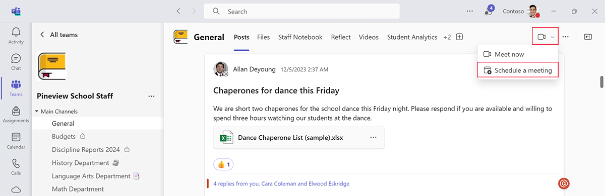 Screenshot showing how to schedule a meeting from a team's channel in Microsoft Teams.