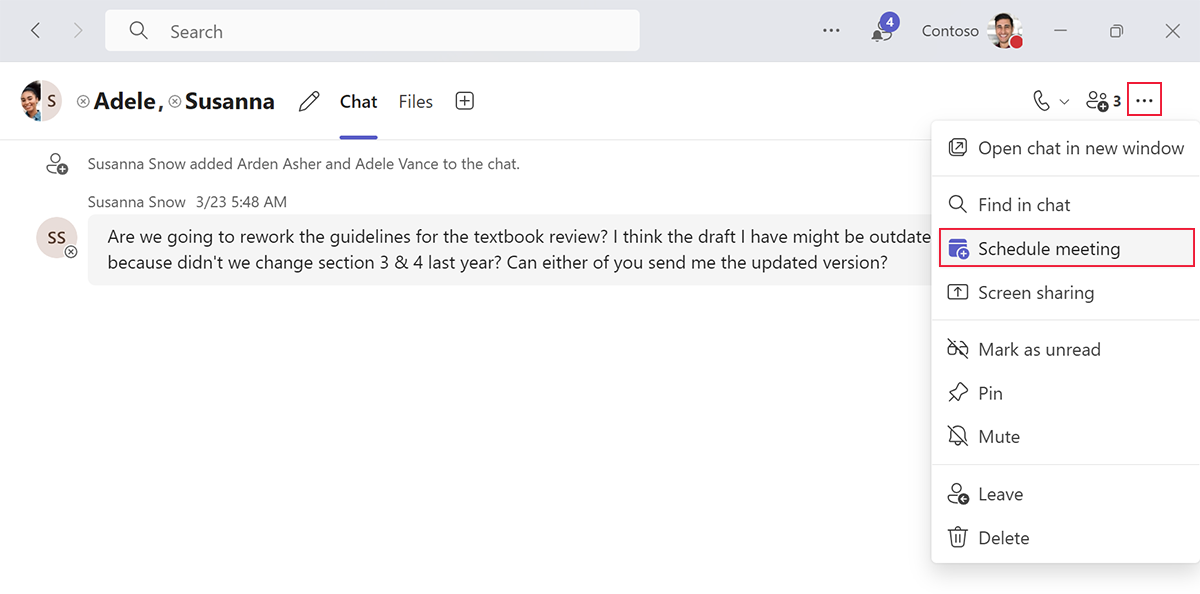 Screenshot showing the option to schedule a meeting with all participants of a chat in Microsoft Teams.