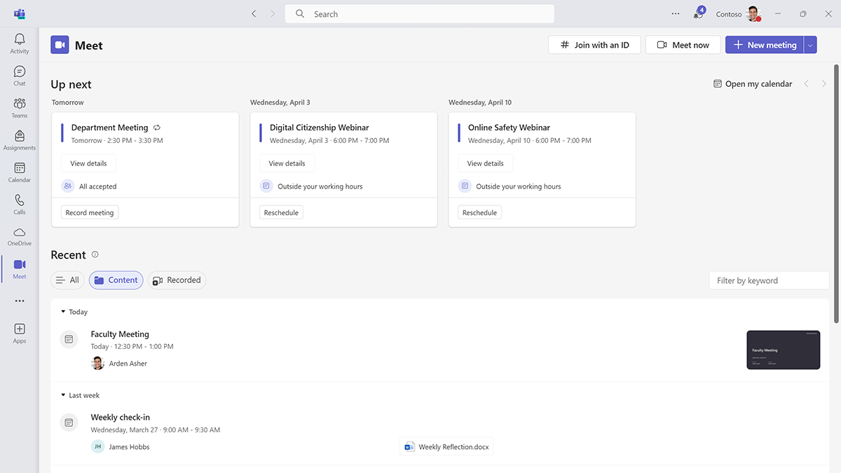 Screenshot showing the many options for reviewing and managing past and upcoming meetings in the Meet app in Microsoft Teams for Education.