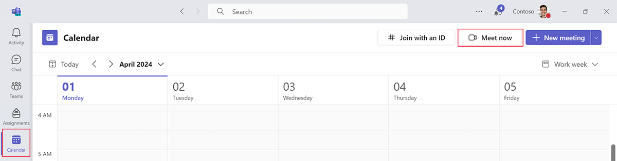 Screenshot of the Meet now button in the Calendar app in Microsoft Teams.