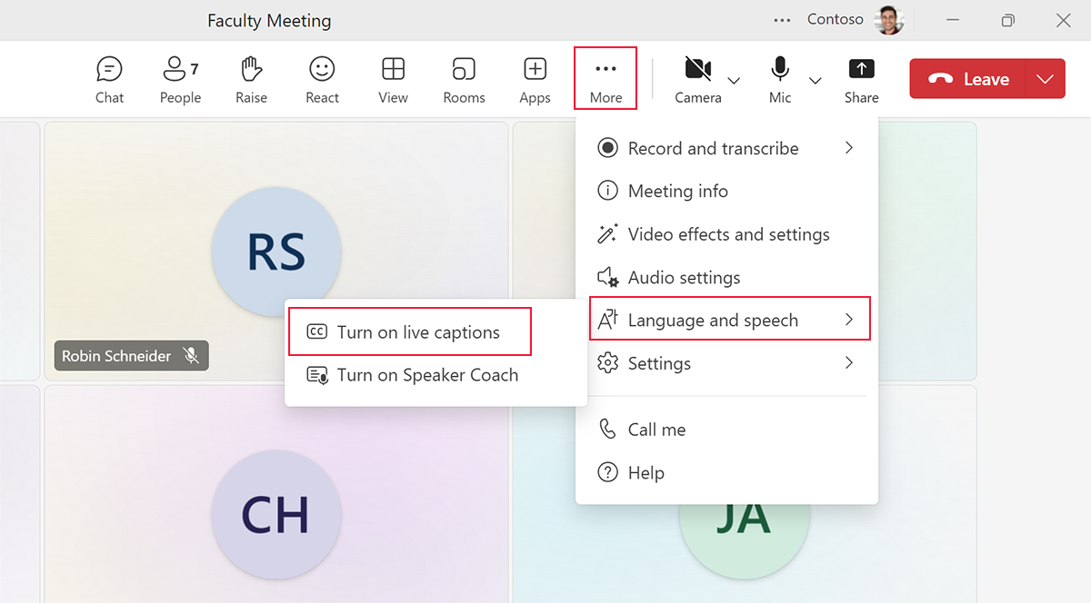 Screenshot showing how to turn on live captions in a Microsoft Teams meeting.