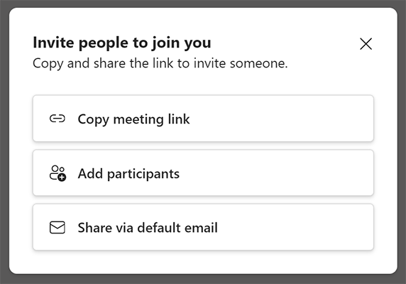 Screenshot of the ways to invite attendees to a Teams meeting started with Meet now.