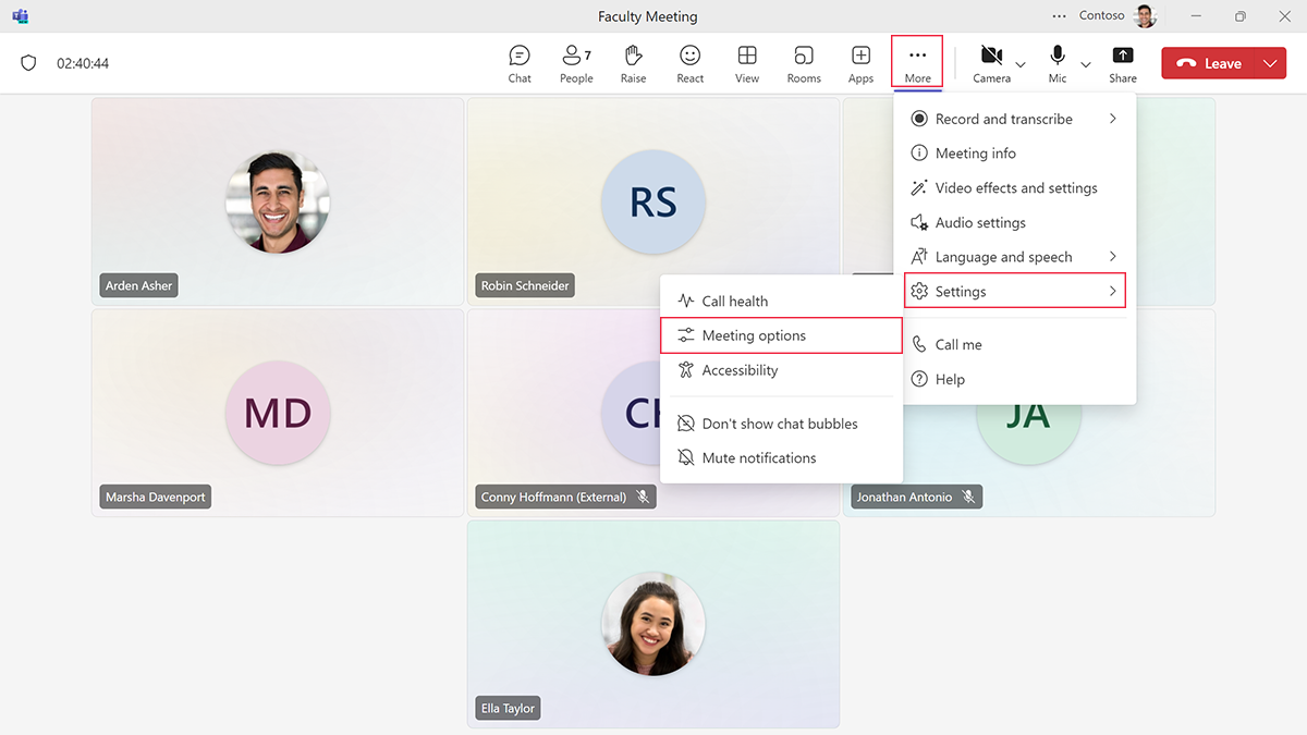 Screenshot showing where to find the meeting options during a Microsoft Teams call.