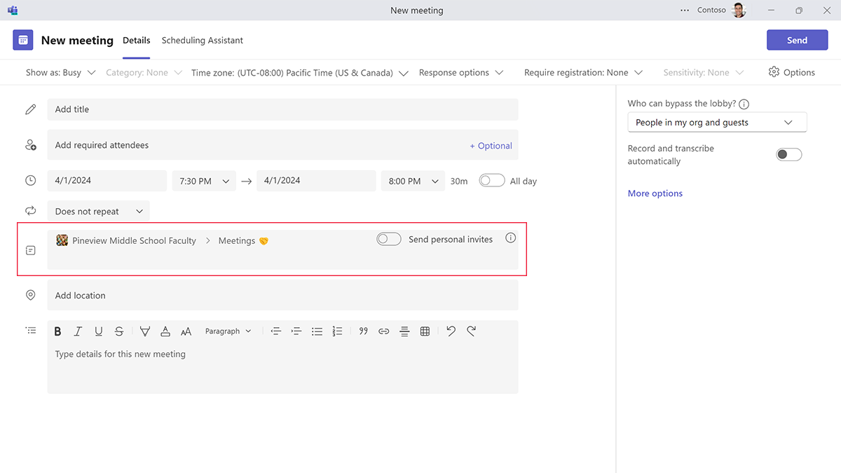 Screenshot showing the option to create a meeting in a team's channel.