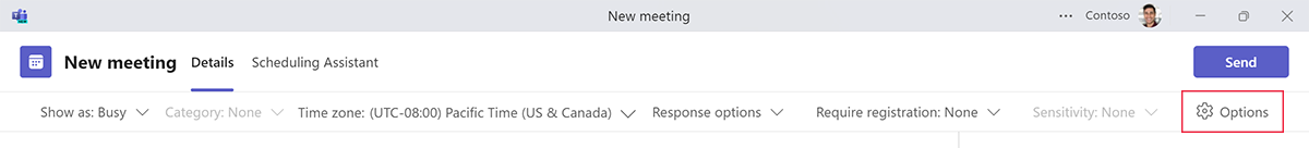 Screenshot of the Options button when scheduling a new meeting in Teams.