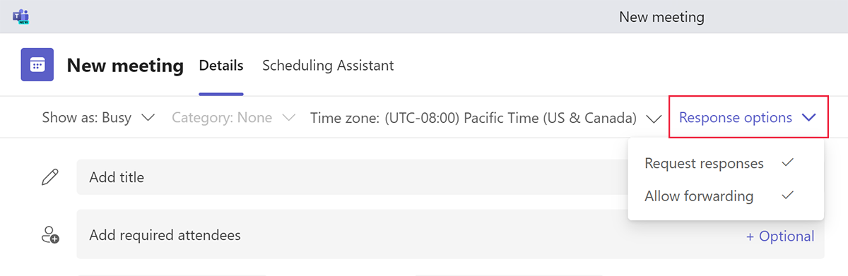 Screenshot of the response options when scheduling a new meeting in Teams.
