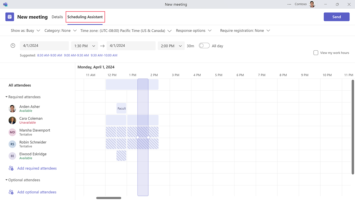Screenshot showing how Microsoft Teams's Scheduling Assistant helps find a time what works for all meeting attendees.