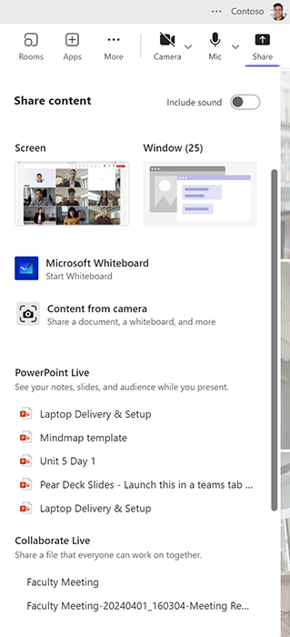 Screenshot showing the many ways to share and collaborate on content in a Microsoft Teams meeting.