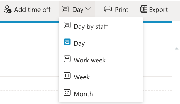 Screenshot of calendar view options – Day by staff, day, work week, week or month.