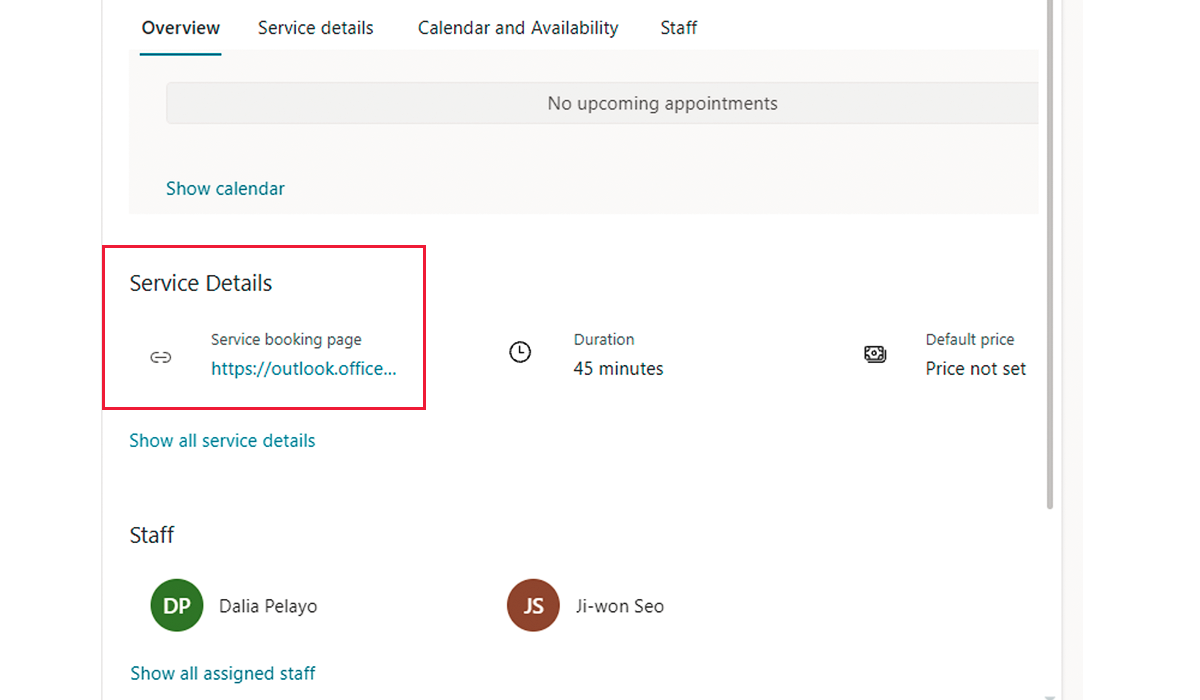 Screenshot of Bookings service set up page.