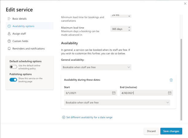 Screenshot of Edit Service – Availability Options page.