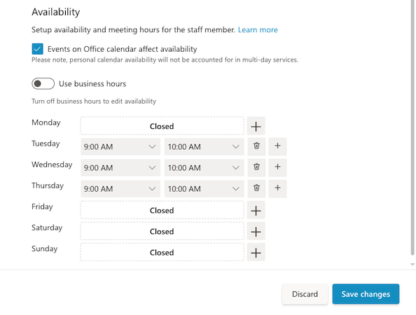 Screenshot of booking page availability.