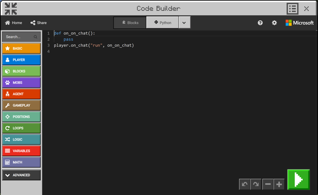 Screenshot of Code Builder using MakeCode Python in Minecraft.