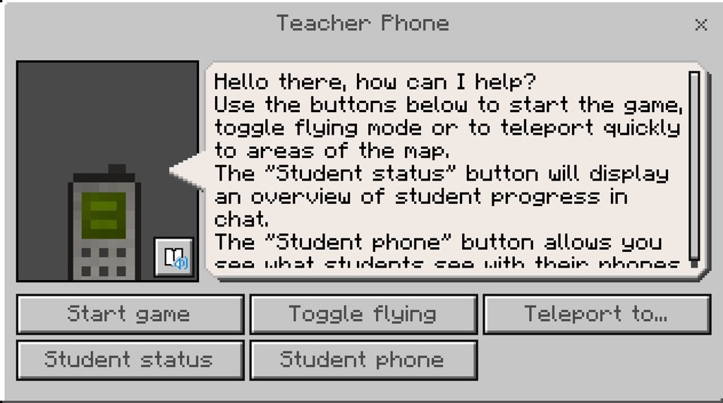 Screenshot of teacher phone dialog box in Minecraft Education.