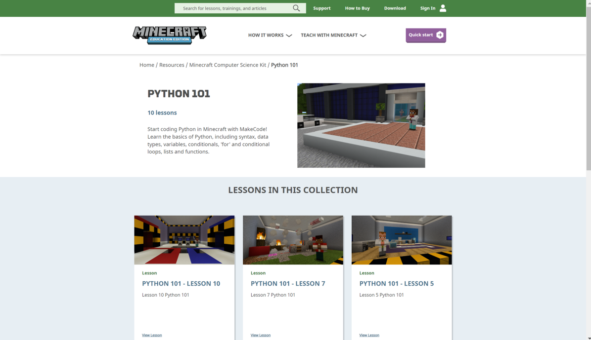 Screenshot of the Minecraft website featuring Python 101 content.