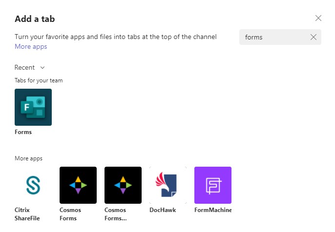 Screenshot of adding the Forms tab to Teams.