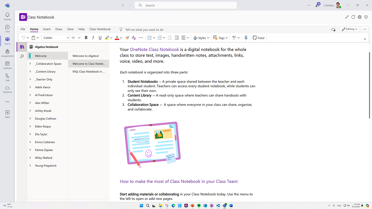 Screenshot of the Welcome to Class Notebook page in the OneNote Class Notebook.
