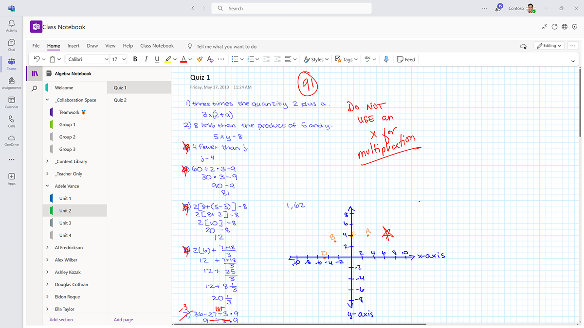 Screenshot of a quiz on a page from a learner's Personal Section in the OneNote Class Notebook.