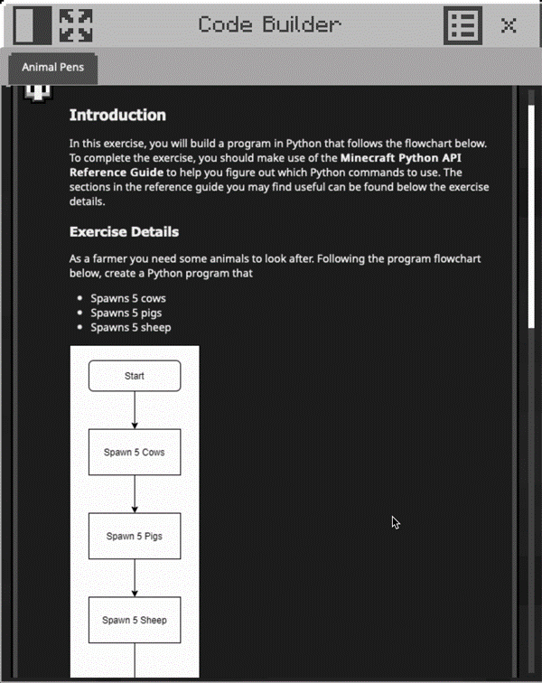 Screenshot of Python Island 7 coding task activity in Minecraft Education.