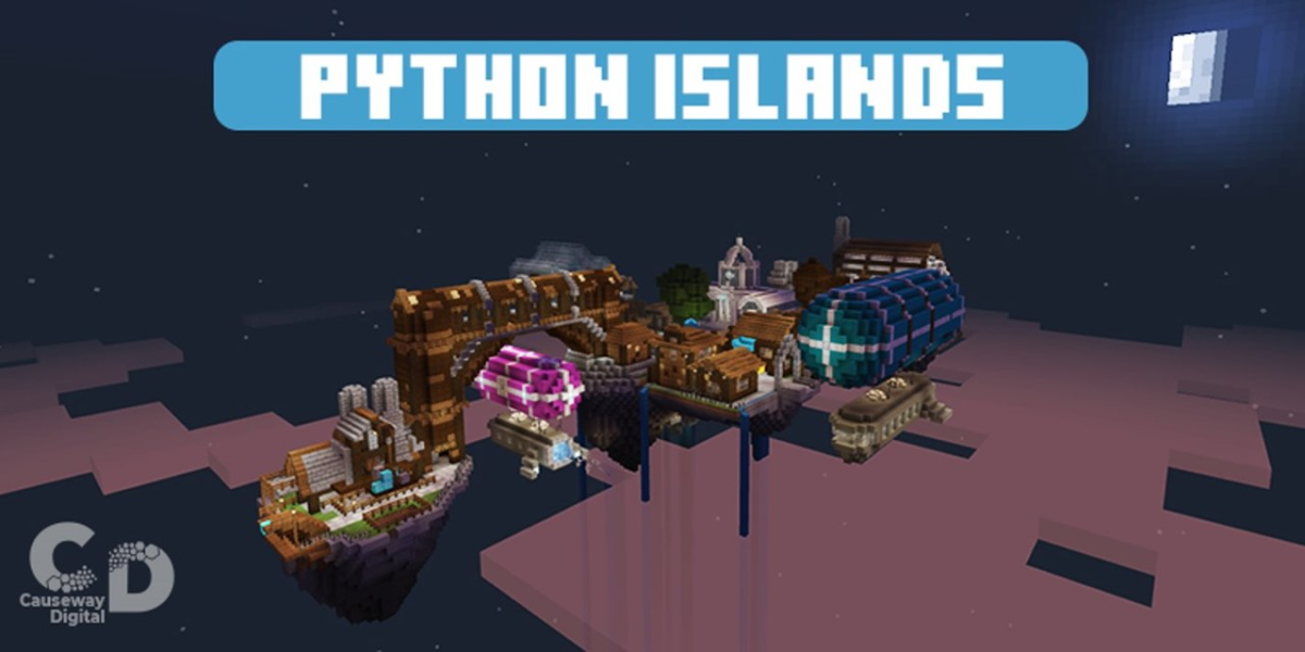 Screenshot of Python Islands lesson in Minecraft Education.