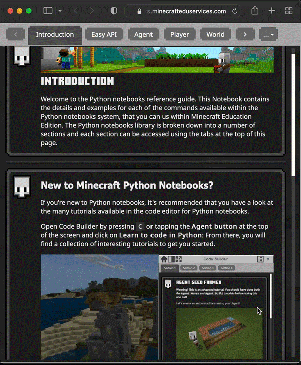 Screenshot of Python reference guide in Minecraft Education.