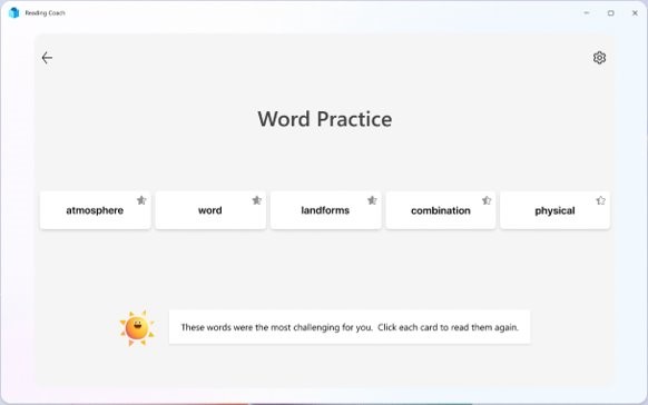 Screenshot of the Word Practice screen in Reading Coach showing five words that the reader struggled with most during their reading.