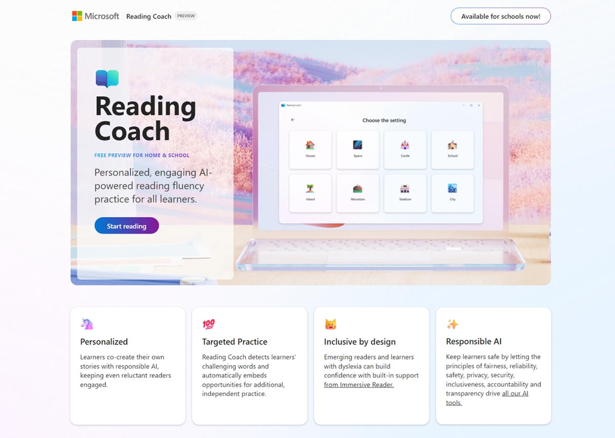 Screenshot of the Reading Coach home page.