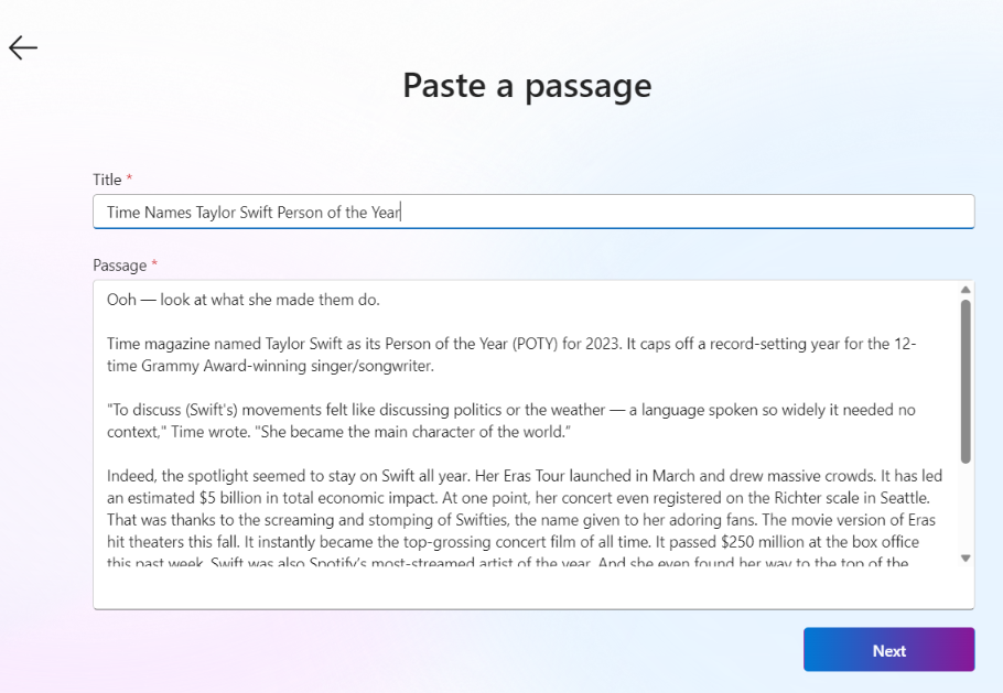 Screenshot of Reading Coach’s 'Add your own' interface with a box to enter the desired title and another for the passage text.