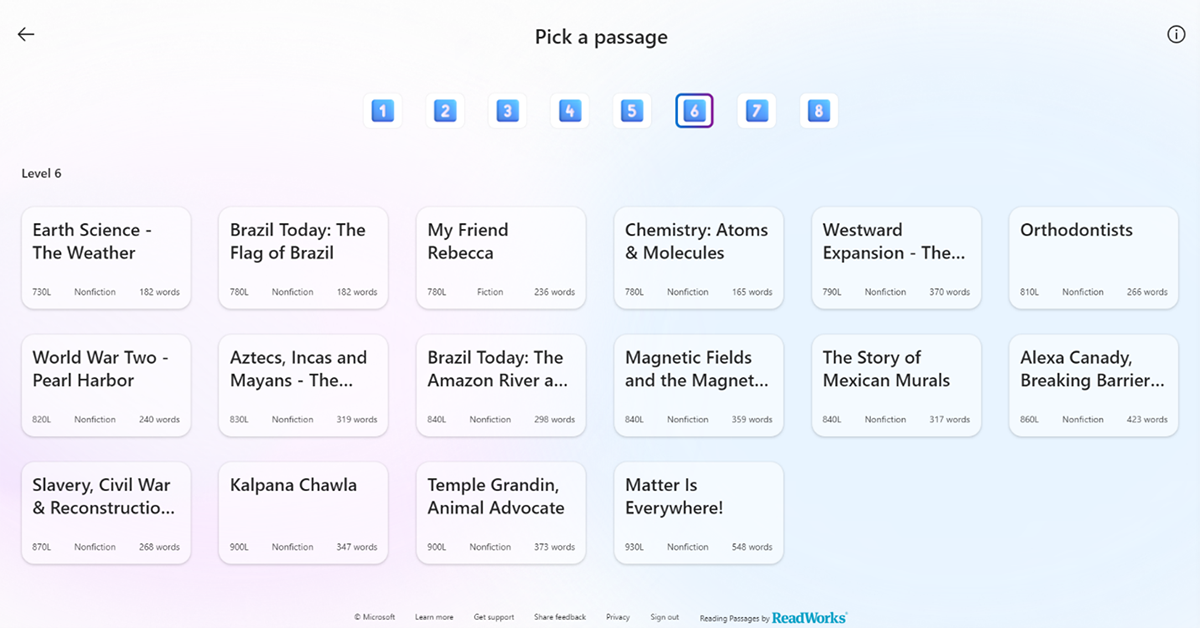 Screenshot of the ReadWorks 'Pick a passage' screen with passages on science, history, and more and includes the genre, word count, and Lexile level.