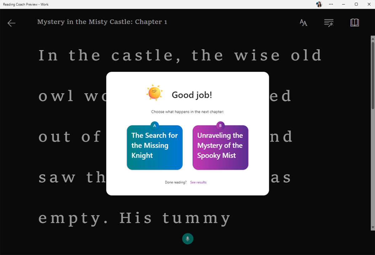 Screenshot of the Reading Coach pick your own path feature that lets readers choose what they want to happen next in the story.