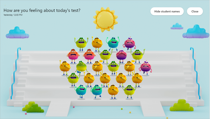 Screenshot of the Together view of the Reflect app after a poll has closed. Feelings monsters representing each student stand on bleachers as if taking a class picture. The various colors and body language of the feelings monsters illustrate the moods in the class.