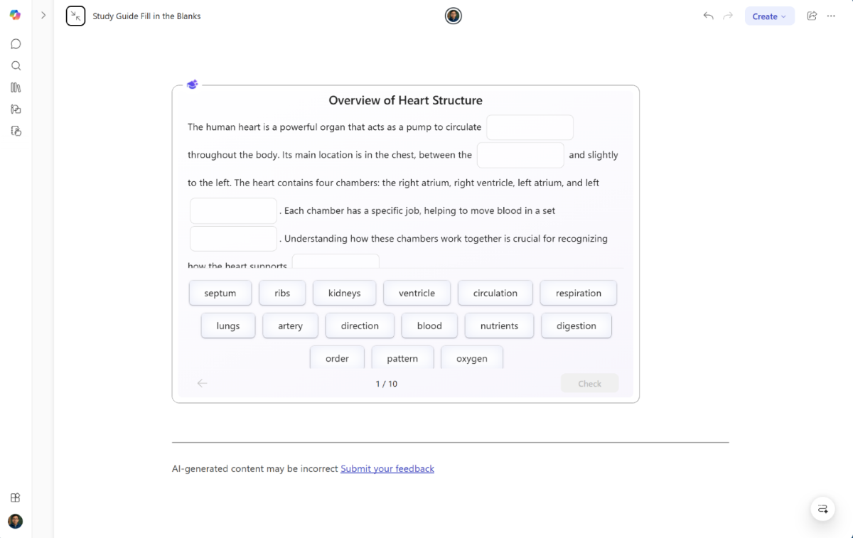 Screenshot of a Copilot-generated fill-in-the-blanks activity in a study guide.