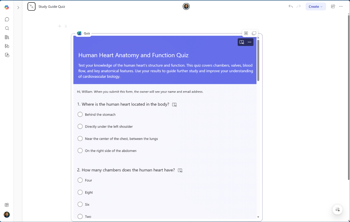 Screenshot of a Copilot-generated Microsoft Forms quiz embedded in a study guide.