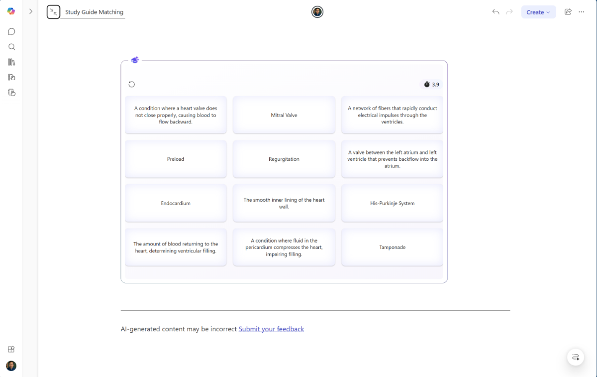 Screenshot of a Copilot-generated matching activity in a study guide.