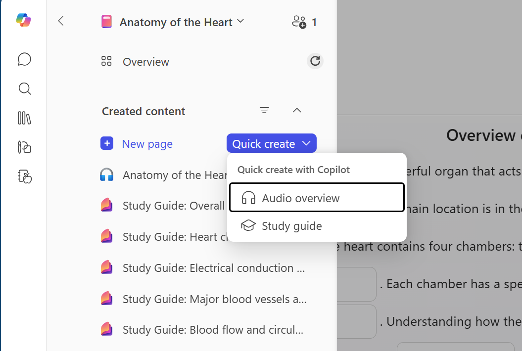 Screenshot of a Microsoft 365 Copilot notebook showing created content pages, including an audio overview and several study guide pages.