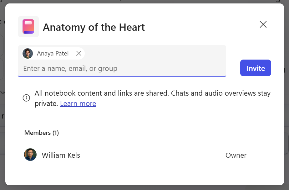 Screenshot of a sharing dialog for a Microsoft 365 Copilot notebook and the invite field.