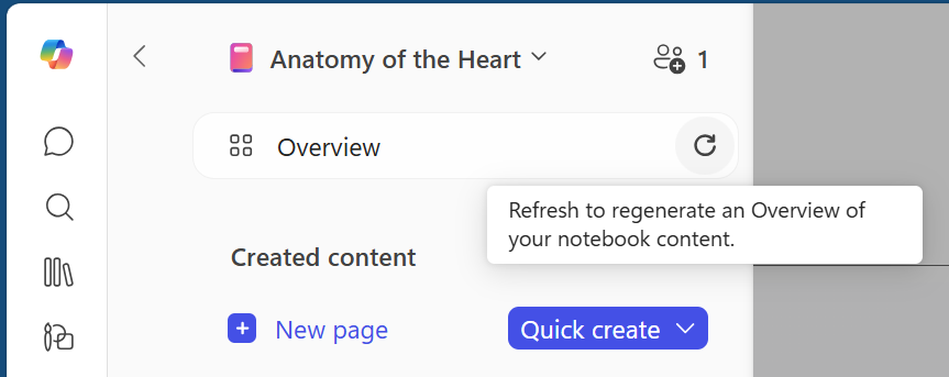 Screenshot of a Microsoft 365 Copilot notebook showing options for New page, Quick create, and a tooltip saying refresh regenerates an overview.