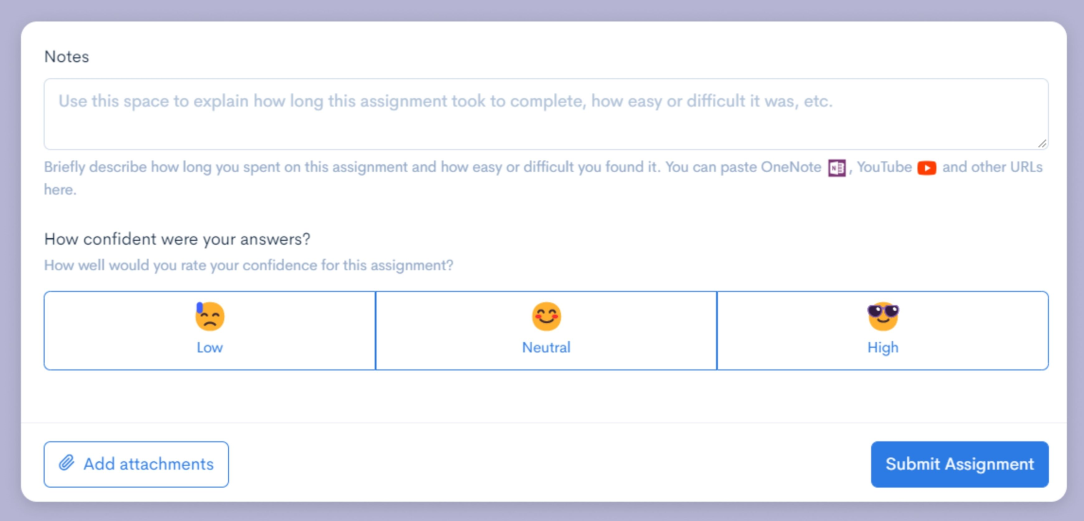 Screenshot of the student upload experience in Nurture showing the three emojis for their confidence level.